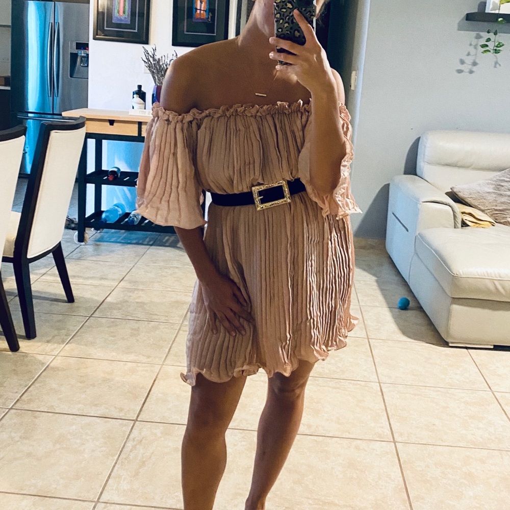 Pleated Dusty Rose Off Shoulder Boho Dress